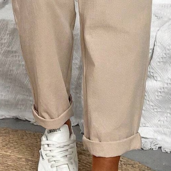 Classic Tan Linen Cropped Jogger Pants - Picture 2 of 5